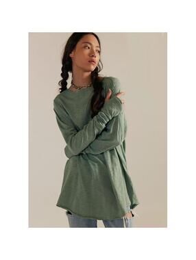 Free People Army Sage Green Long Sleeve Slouchy Tee Raw Hem Size M